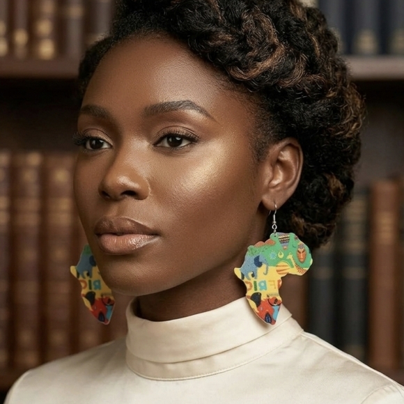 African Map Animal Wood Painted Tribal Earrings. Length 3.0 inches - Picture 2 of 12